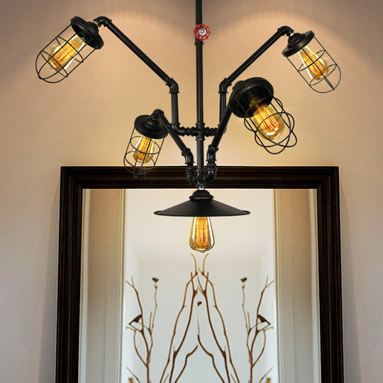 InÃ¨s - Abstract Abstract Pipe Living Room Pendant Vintage Metallic 5-Light Black Hanging Chandelier with Wire Cage