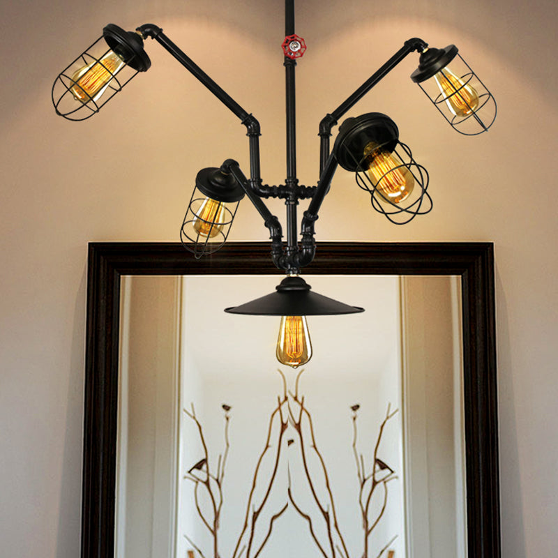 Inès - Abstract Pipe Living Room Pendant Vintage Metallic 5-Light Black Hanging Chandelier With Wire