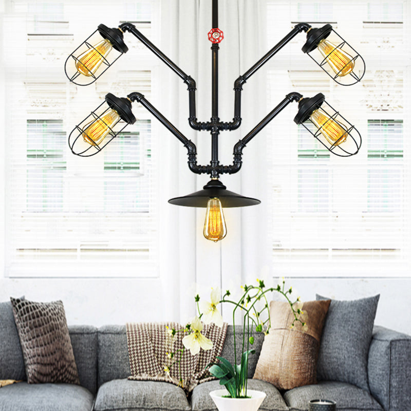 InÃ¨s - Abstract Abstract Pipe Living Room Pendant Vintage Metallic 5-Light Black Hanging Chandelier with Wire Cage