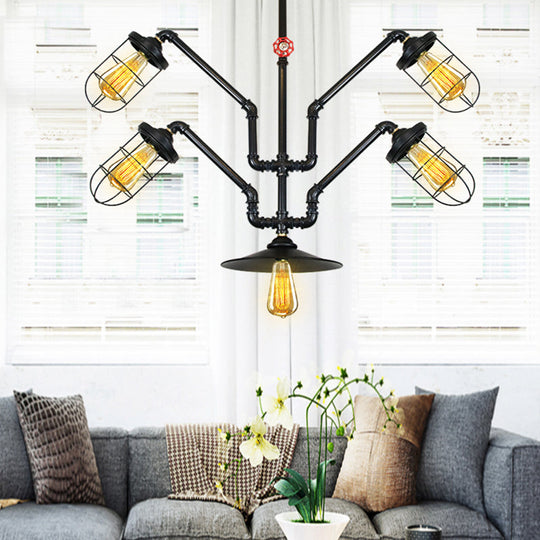 InÃ¨s - Abstract Abstract Pipe Living Room Pendant Vintage Metallic 5-Light Black Hanging Chandelier with Wire Cage