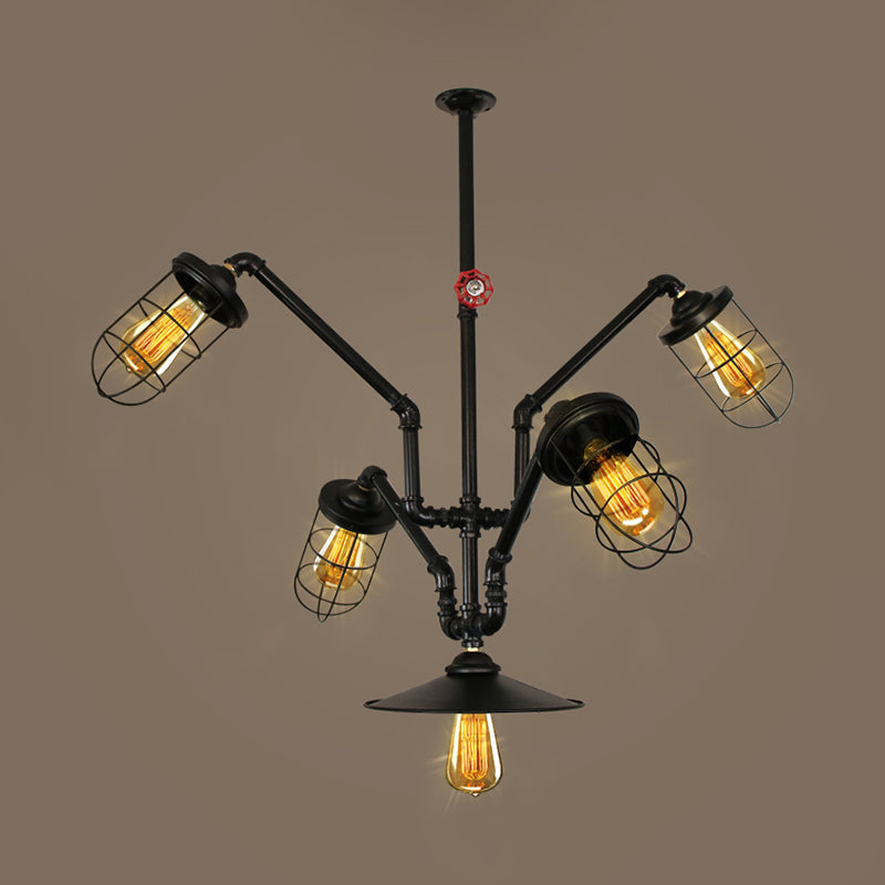 Inès - Abstract Pipe Living Room Pendant Vintage Metallic 5-Light Black Hanging Chandelier With Wire