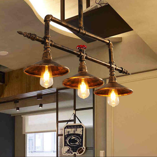 Industrial Rust Iron Hanging Ceiling Lamp With Water Pipe Design & 3 Bell-Shaped Lights