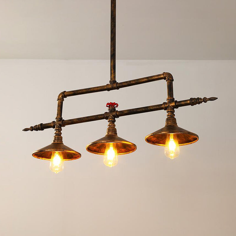 Industrial Rust Iron Hanging Ceiling Lamp With Water Pipe Design & 3 Bell-Shaped Lights