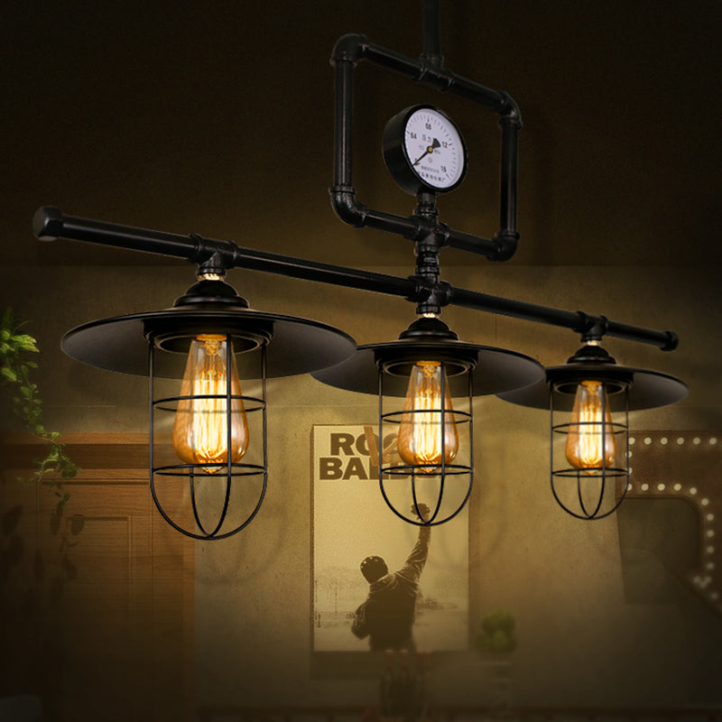 Antiqued Black Metal Pendant Lamp With Watermeter Deco - 3-Head Ceiling Lighting For Bar And Island