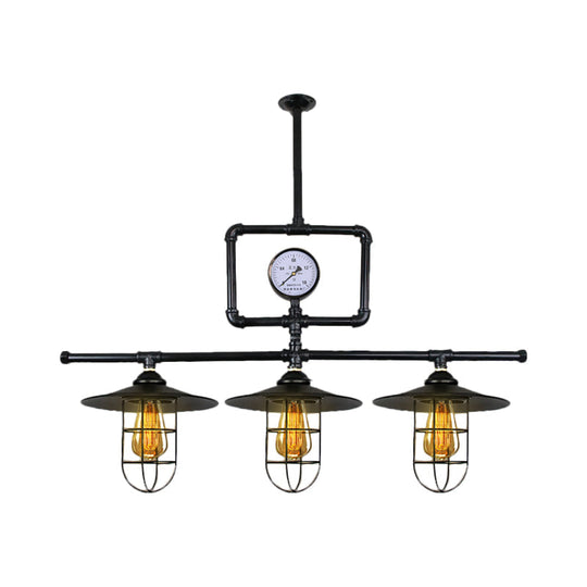 Antiqued Black Metal Pendant Lamp With Watermeter Deco - 3-Head Ceiling Lighting For Bar And Island