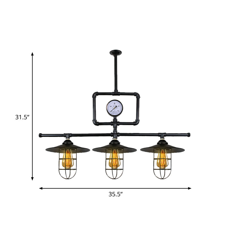 Antiqued Black Metal Pendant Lamp With Watermeter Deco - 3-Head Ceiling Lighting For Bar And Island