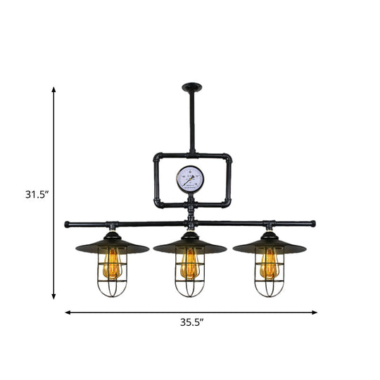 Antiqued Black Metal Pendant Lamp With Watermeter Deco - 3-Head Ceiling Lighting For Bar And Island