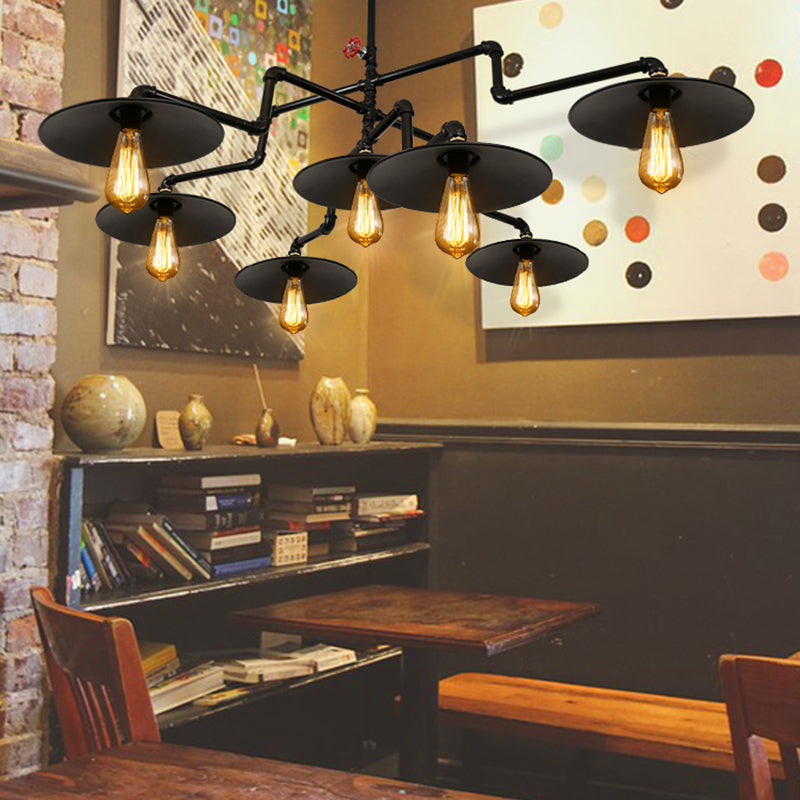 Vintage Black Island Pendant Lamp With 7 Bulbs: Metallic 3-Layer Water Pipe Design For Living Room