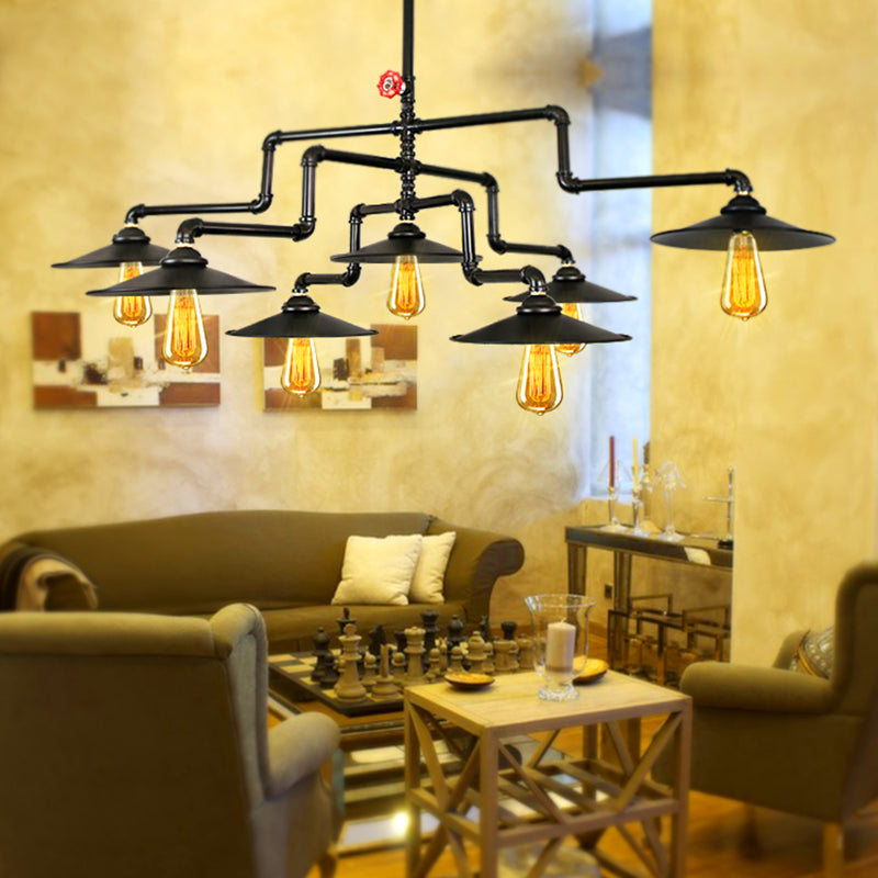 Vintage Black Island Pendant Lamp With 7 Bulbs: Metallic 3-Layer Water Pipe Design For Living Room