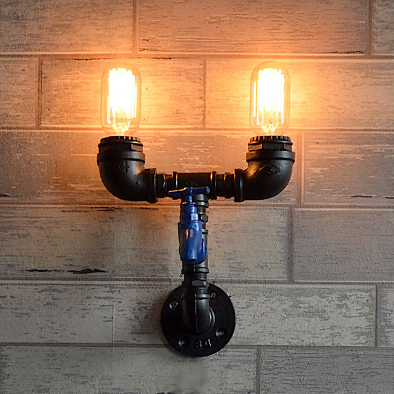 Black Iron Wall Mount Industrial Light With Water Tap Deco - 2 Lights Perfect For Corridors