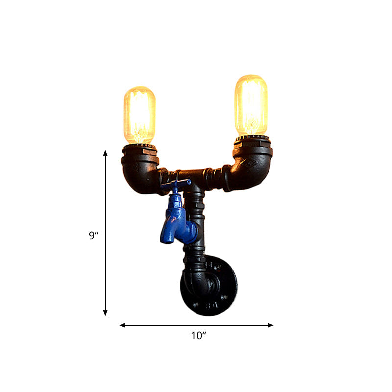 Black Iron Wall Mount Industrial Light With Water Tap Deco - 2 Lights Perfect For Corridors