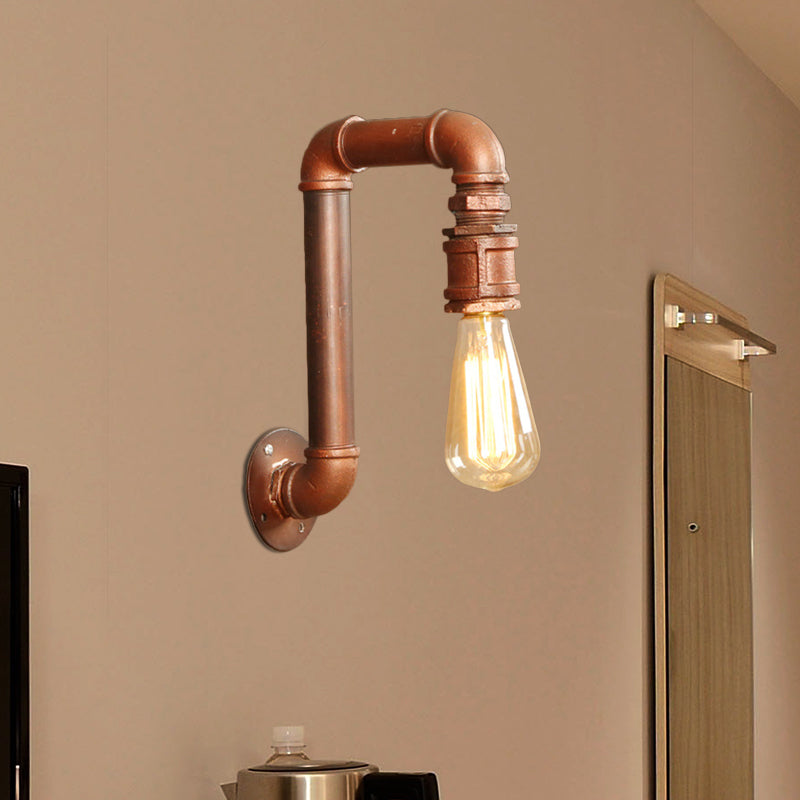 Antiqued Metal Coffee Bare Bulb Wall Sconce With Right Angle Pipe Arm