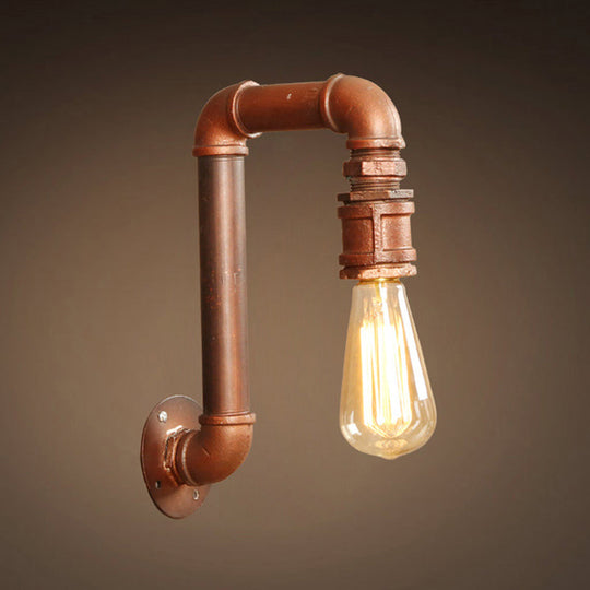 Antiqued Metal Coffee Bare Bulb Wall Sconce With Right Angle Pipe Arm