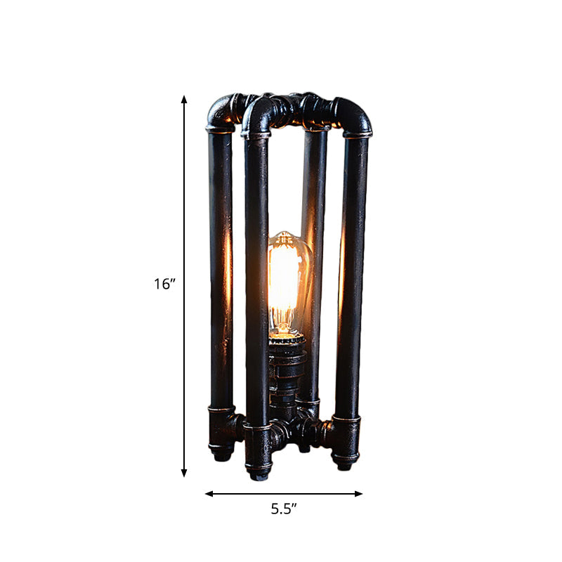 Rustic Iron Table Lamp With Rectangle Cage Design - Black Finish Plug In 1 Light Ideal For