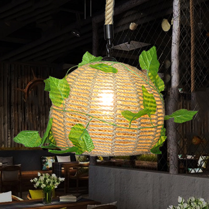 Vintage Beige Hemp Rope Dome Pendant Light with LED Bulb - Perfect for Restaurants