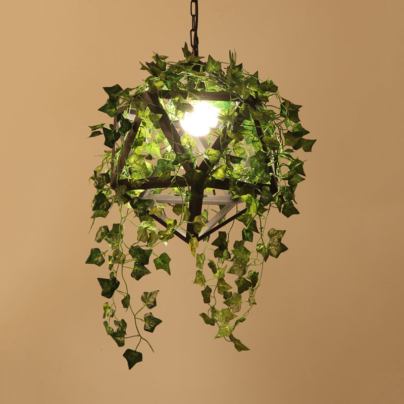 Geometric Metal LED Pendant Light with Plant Decor in Black