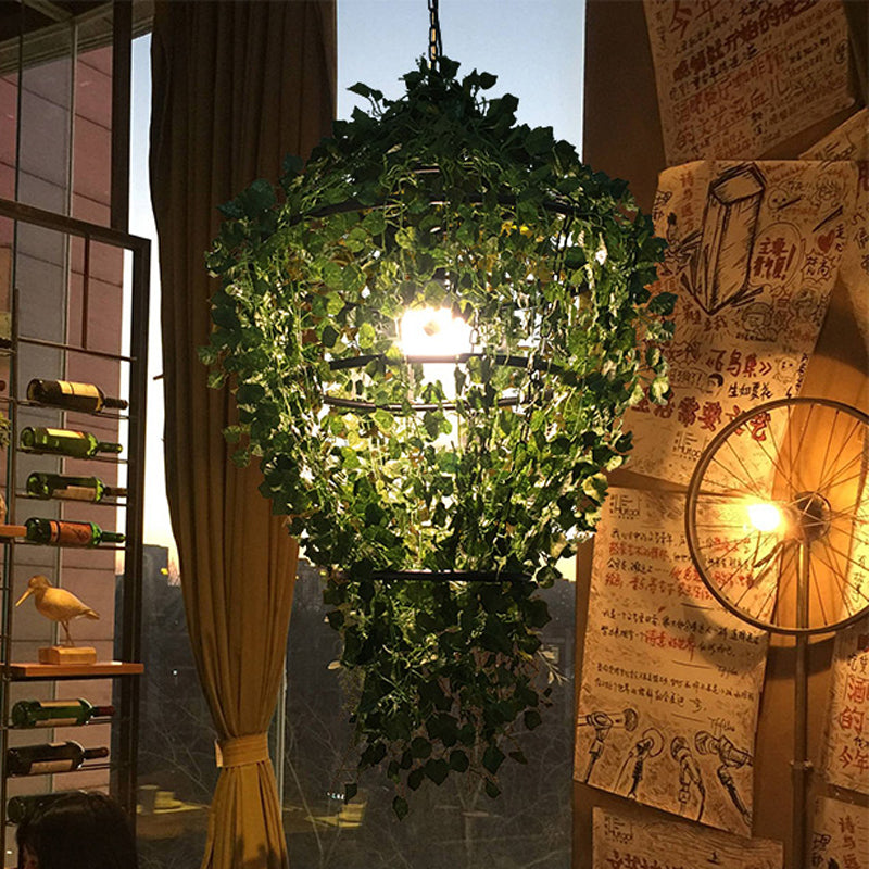 Retro Caged Metal Pendant Light with LED Bulb - Black Ceiling Hanging for Restaurants, Plant Included