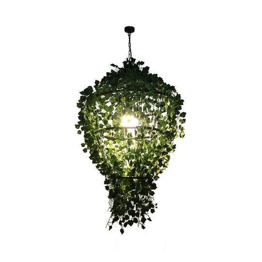 Retro Caged Metal Pendant Light with LED Bulb - Black Ceiling Hanging for Restaurants, Plant Included