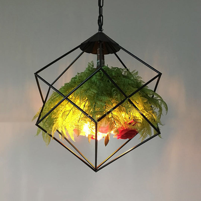 Geometric Metal Pendant: 1-Head Led Down Light W/ Plant Accent - Antique Black 18/21.5 Wide