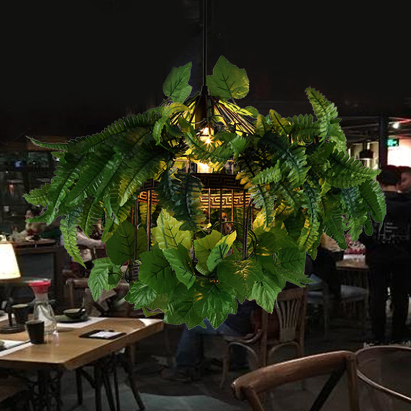 Antique Birdcage Metal Pendant Light with LED and Plant Design for Restaurants - Black