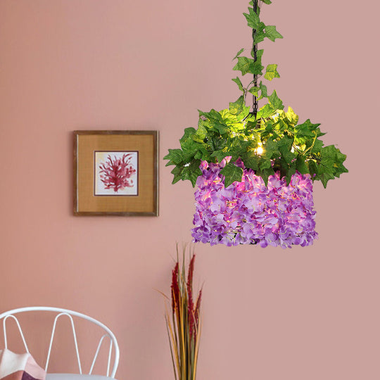 Vintage Purple Pendant Ceiling Lamp with Flower Decoration and LED Drop Light