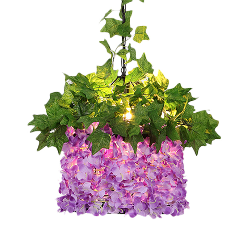 Retro Purple Metal Led Pendant Light With Flower Decoration - 1-Light Ceiling Drop Lamp