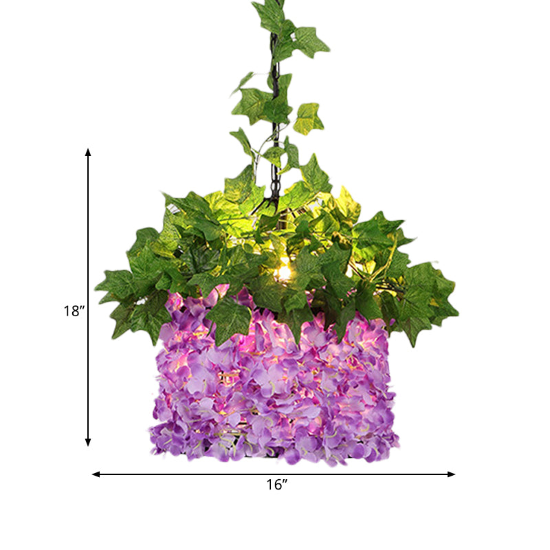 Retro Purple Metal Led Pendant Light With Flower Decoration - 1-Light Ceiling Drop Lamp