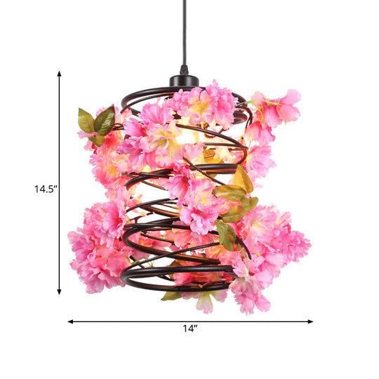 Plafonnier suspendu en spirale en métal vintage avec motif floral à LED en noir