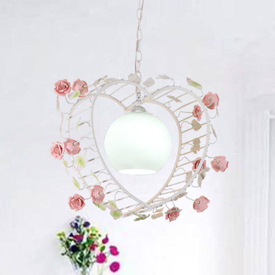 Heart-Shaped Metal Pendant Light For Pastoral Dining Room - White Led Suspension Fixture