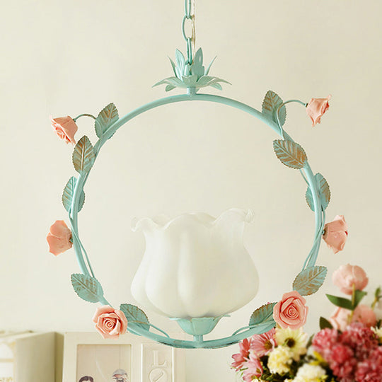 Pastoral Glass Round Ceiling Lamp With Led Suspension - Pink/Blue