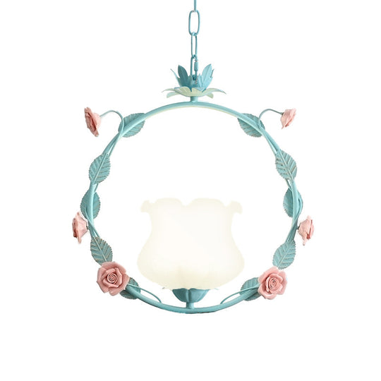 Pastoral Glass Round Ceiling Lamp With Led Suspension - Pink/Blue