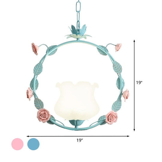 Pastoral Glass Round Ceiling Lamp With Led Suspension - Pink/Blue