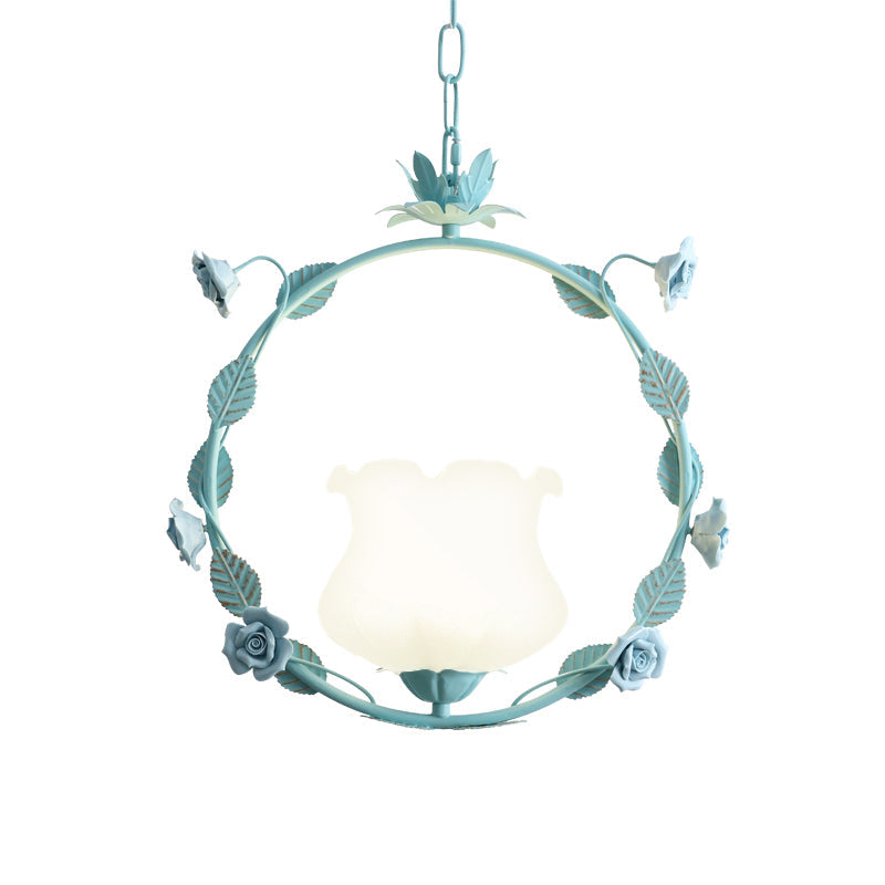 Pastoral Glass Round Ceiling Lamp With Led Suspension - Pink/Blue