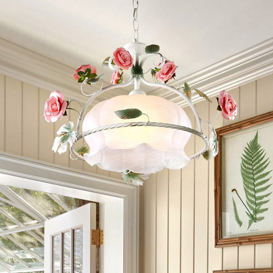 Korean Garden Floral Pendant - White Glass Down Light For Dining Room