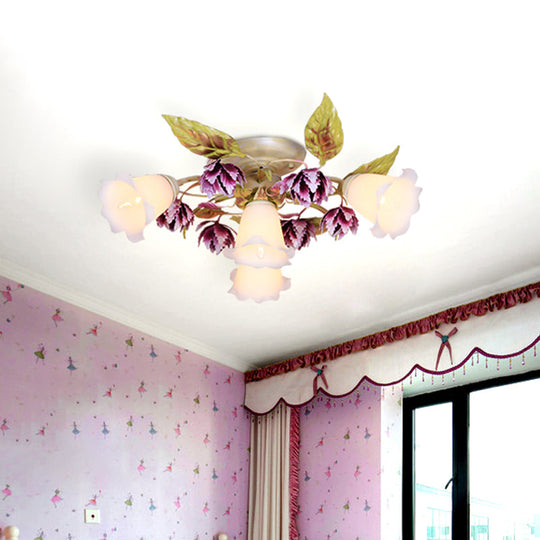 Pastoral White Metal Flower Semi Flush Mount Ceiling Light with Flared 1/4 Bulbs for Dining Room