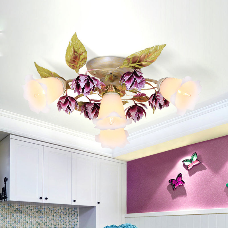 Pastoral White Metal Flower Semi Flush Mount Ceiling Light with Flared 1/4 Bulbs for Dining Room