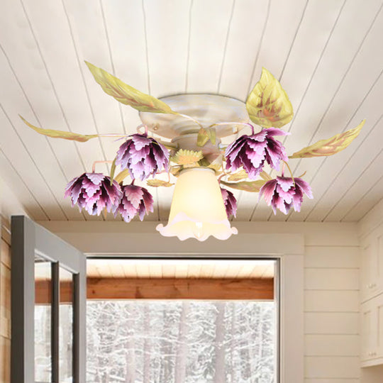 Pastoral White Metal Flower Semi Flush Mount Ceiling Light with Flared 1/4 Bulbs for Dining Room