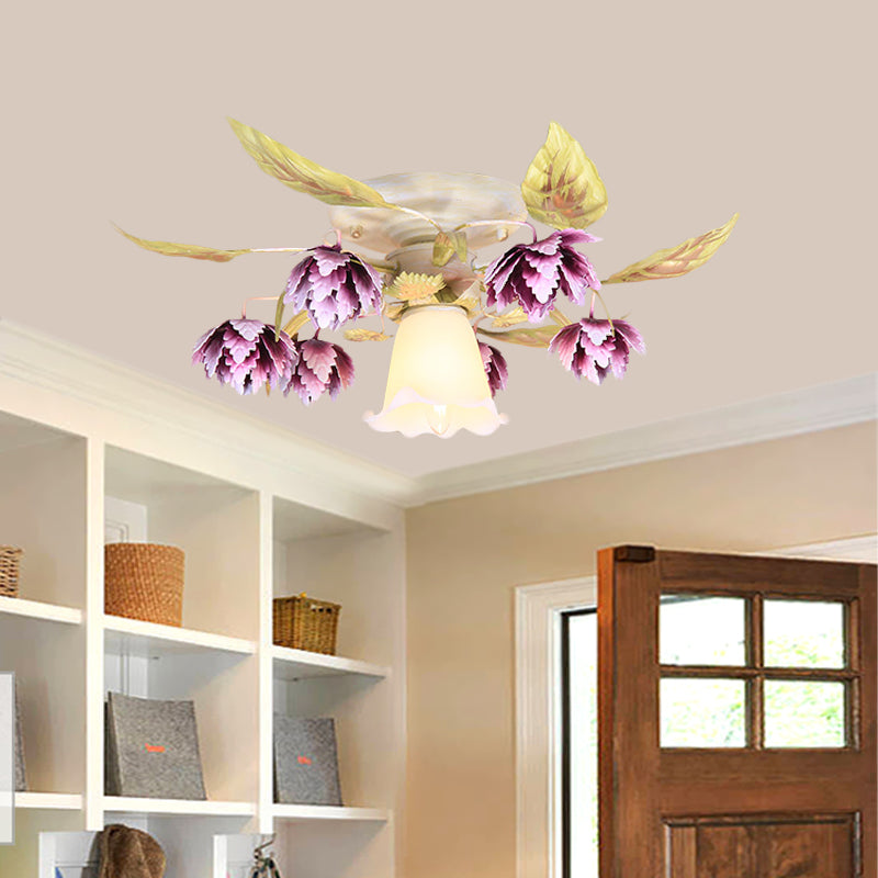 Pastoral White Metal Flower Semi Flush Mount Ceiling Light with Flared 1/4 Bulbs for Dining Room