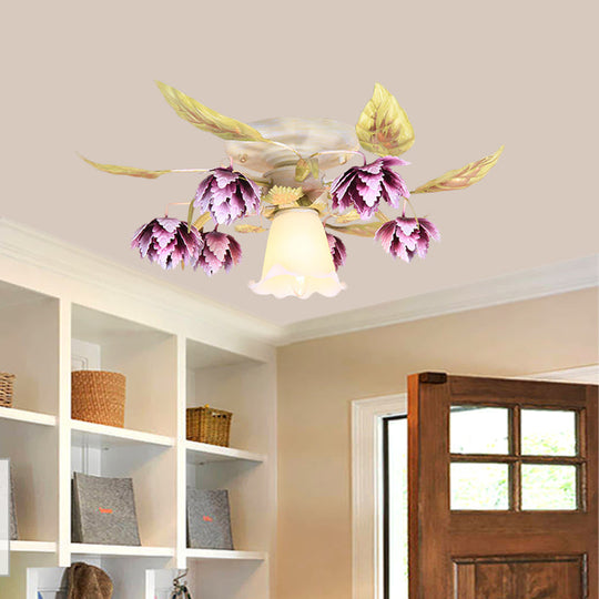 Pastoral White Metal Flower Semi Flush Mount Ceiling Light With Flared 1/4 Bulbs For Dining Room