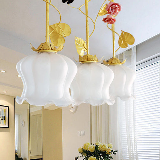 Blossom Countryside Metal Pendant Light - Green Led 3 Heads Round/Linear Canopy Dining Room Cluster