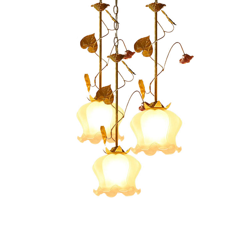 Blossom Countryside Metal Pendant Light - Green Led 3 Heads Round/Linear Canopy Dining Room Cluster