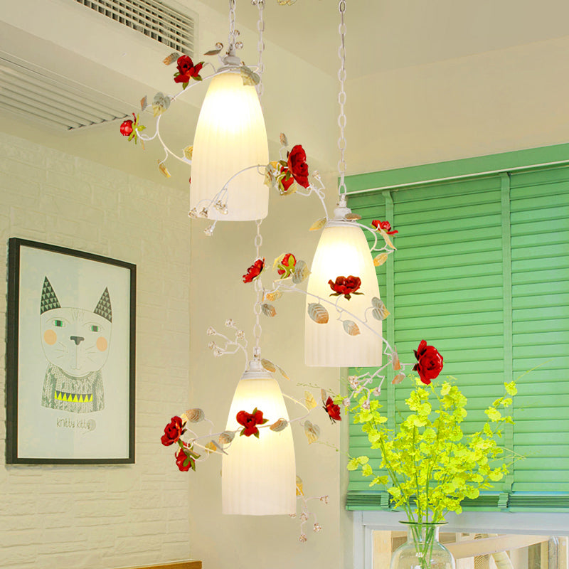 Pastoral White Multi-Light Pendant With Elongated Dome Flower Shade - Perfect For Dining Room