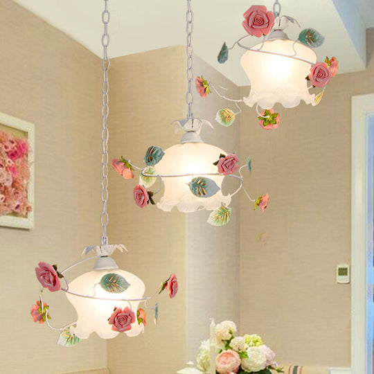 White Metal Flower Pendant Light With Scalloped Cluster Design For Dining Room - 3 Lights