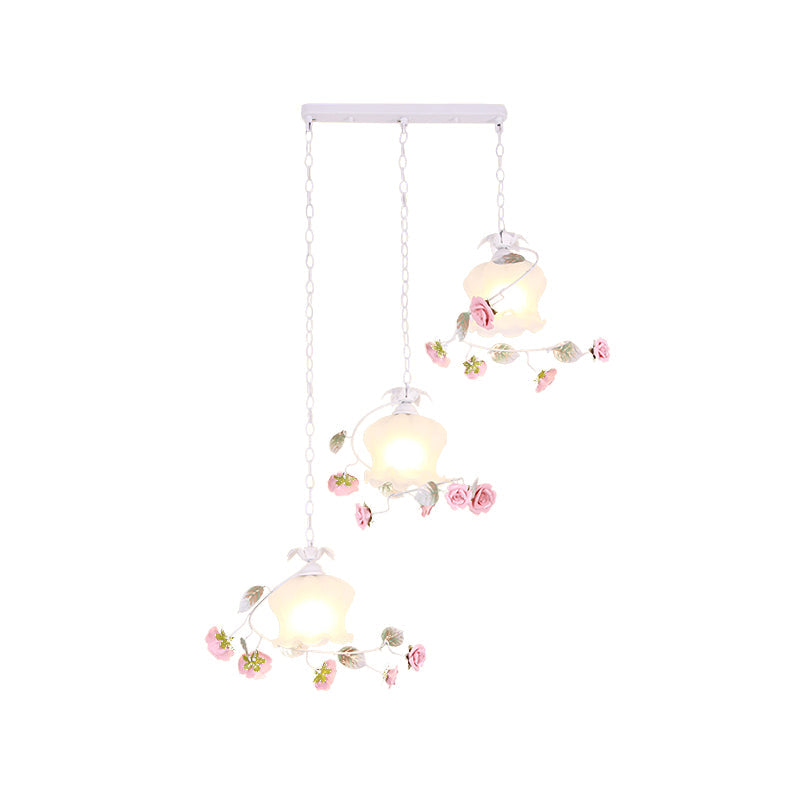 White Metal Flower Pendant Light With Scalloped Cluster Design For Dining Room - 3 Lights