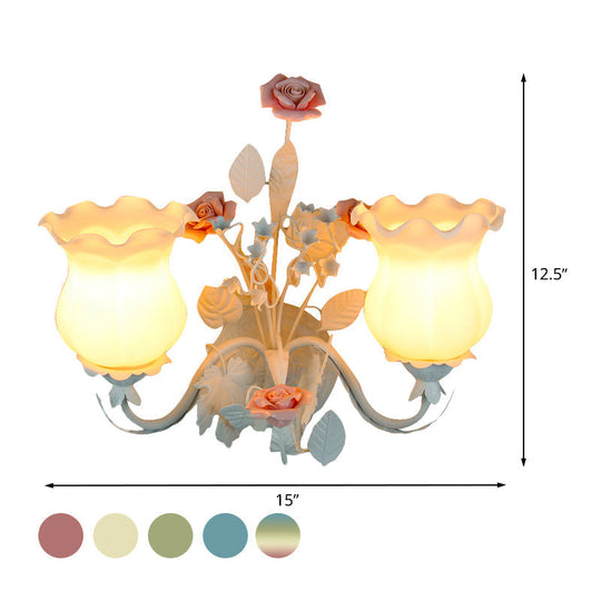 Pastoral Metal Curvy Arm Bedroom Sconce Light: 2-Head Flower Wall Lighting Fixture