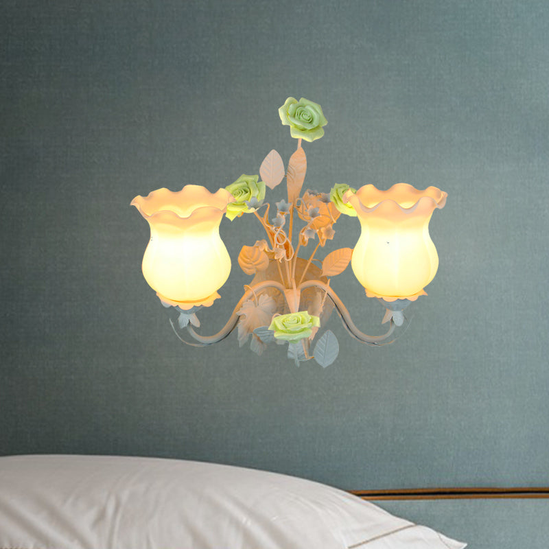 Pastoral Metal Curvy Arm Bedroom Sconce Light: 2-Head Flower Wall Lighting Fixture