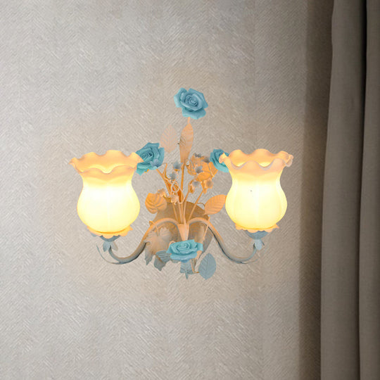 Pastoral Metal Curvy Arm Bedroom Sconce Light: 2-Head Flower Wall Lighting Fixture