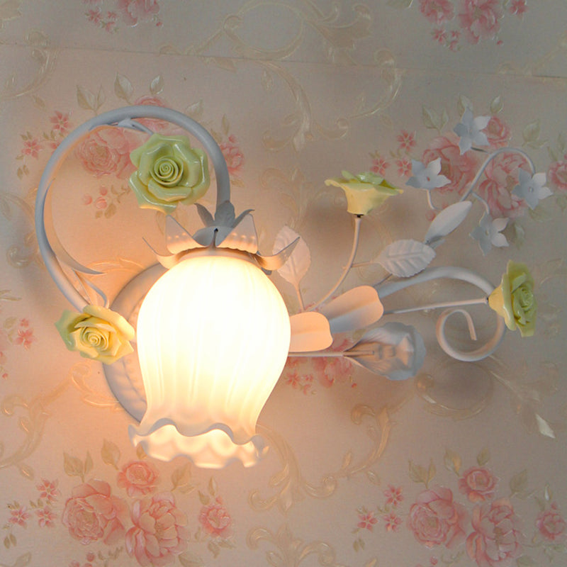 Pastoral Metal Floral Wall Lamp Sconce - 1-Light Fixture In Yellow/Pink/Blue