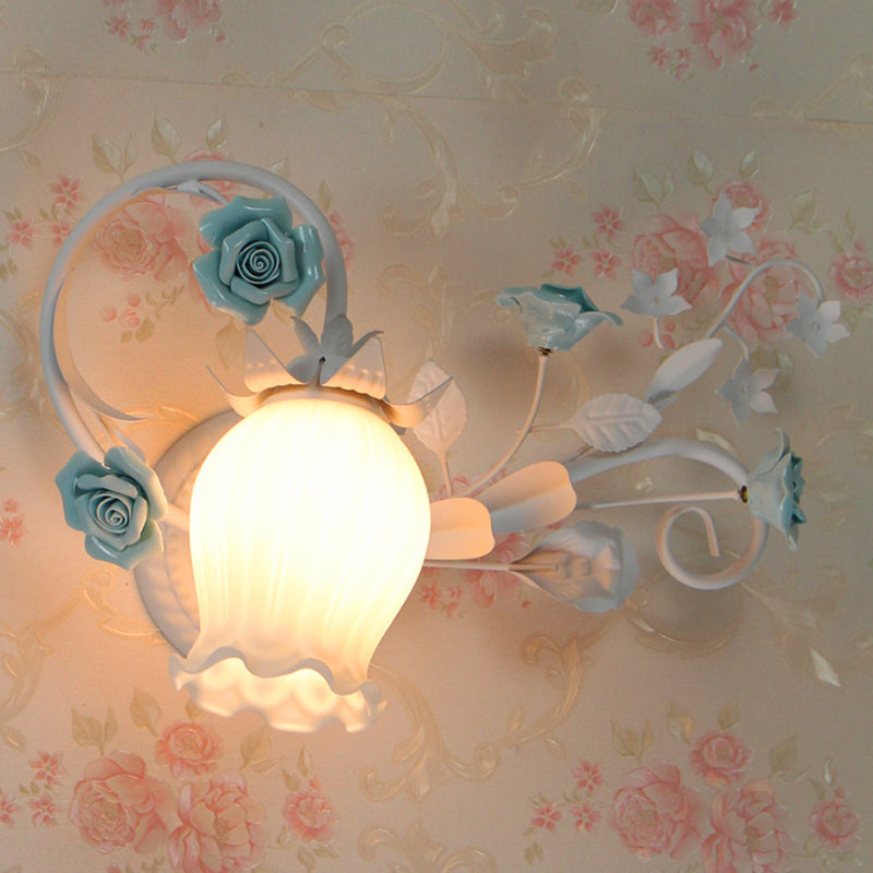 Pastoral Metal Floral Wall Lamp Sconce - 1-Light Fixture In Yellow/Pink/Blue Blue