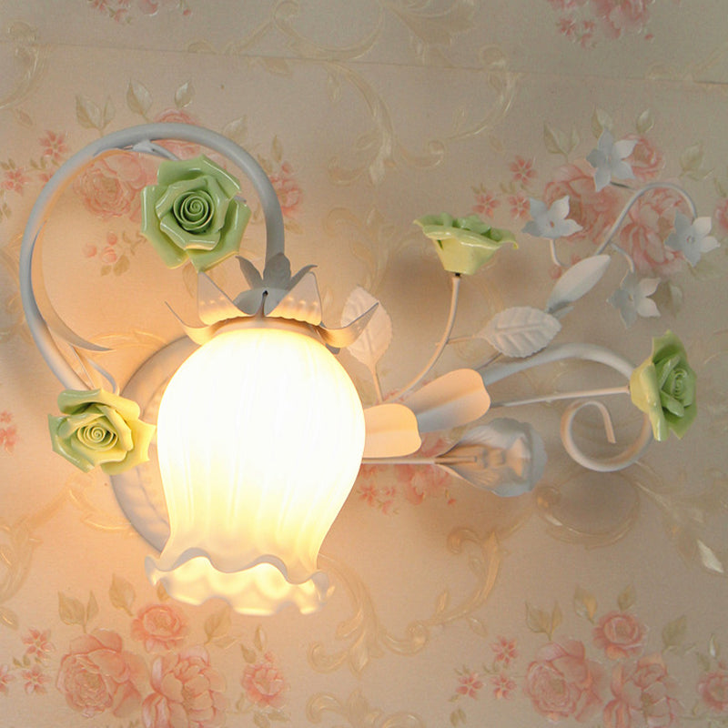 Pastoral Metal Floral Wall Lamp Sconce - 1-Light Fixture In Yellow/Pink/Blue